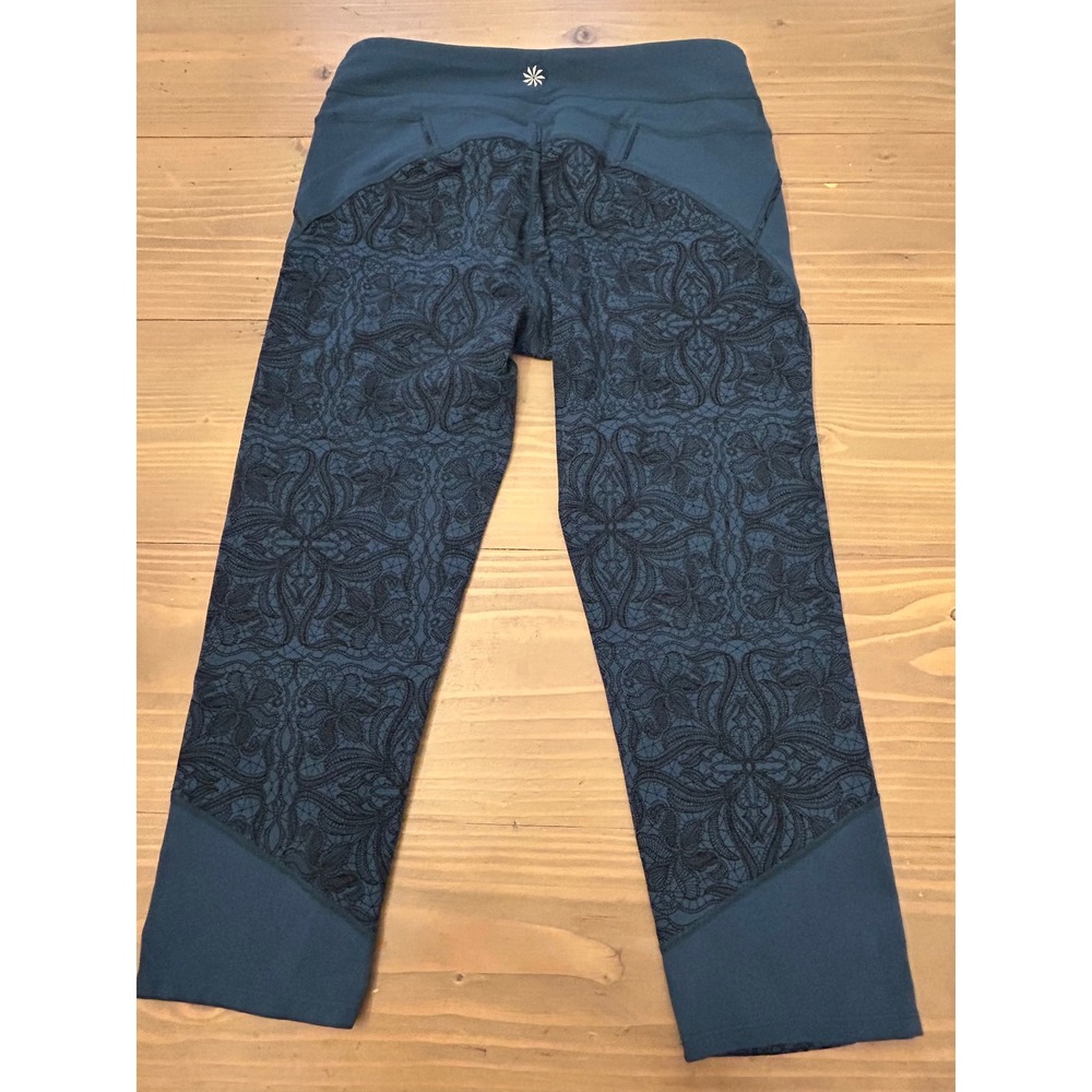 D23 Athleta Womens Teal Blue Black Lace Print Crop Leggings Yoga Pants Size M - Picture 3 of 4